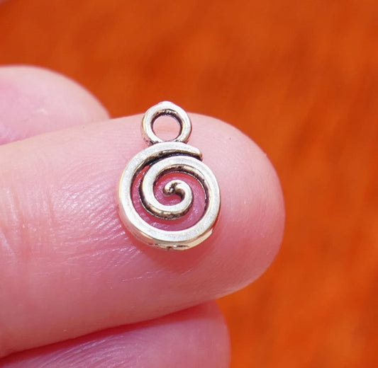 40x Small Spiral Swirl Bulk Charms, Antique Silver Tone Double Sided Metal Pendant F029