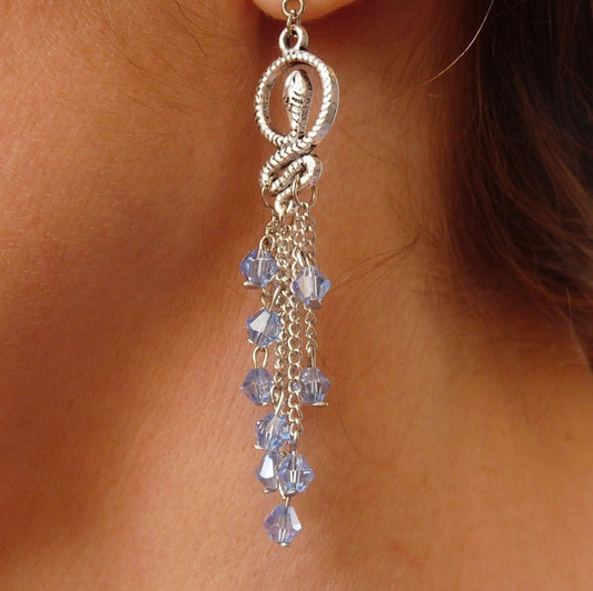 Blue crystal snake earrings, stainless steel ball stud earrings U004, beaded earrings, blue earrings, charm earrings