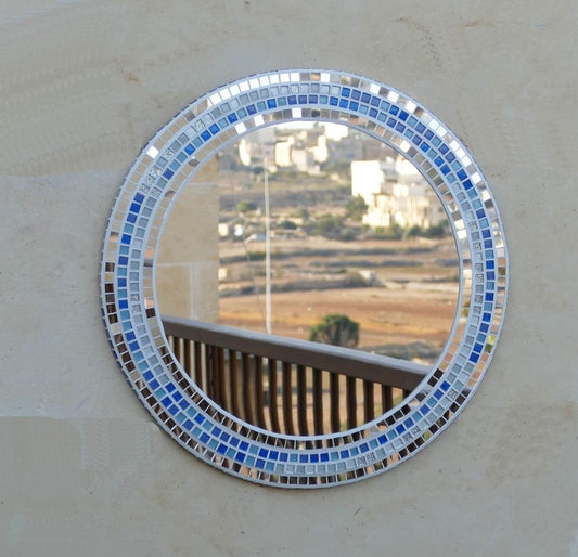Blue mosaic round mirror, handmade wall mirror U007, blue bathroom mirror, blue mosaic mirror, blue shower mirror