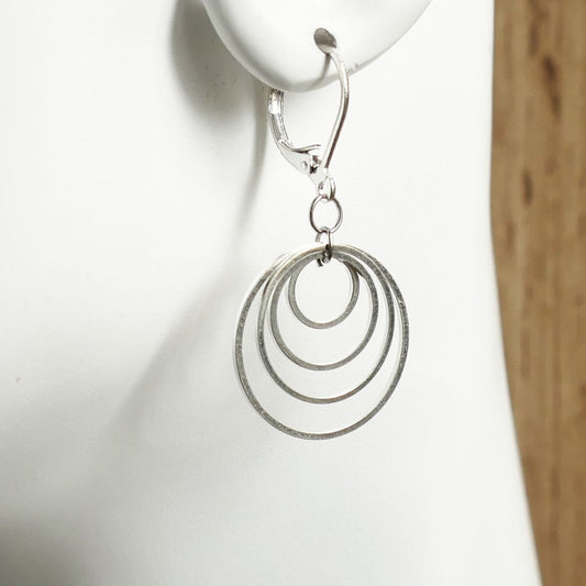 Circles drop earrings, 925 silver plated lever back earrings G275, circles earrings, dangle earrings, flattened ring