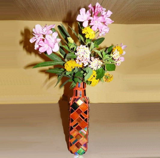 Flower Mosaic Vase, Orange U041, centerpiece, flower vase, glass