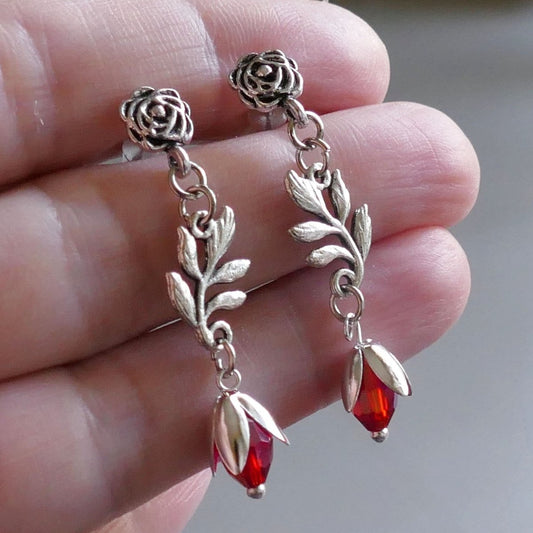 Flower leaf charm dangle earrings U018, dangle earrings, flower stud, handmade earrings