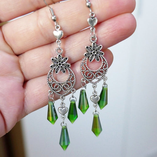 Green crystal flower earrings, prism spike icicle earrings G212, crystal spike, drop earrings, flower charm