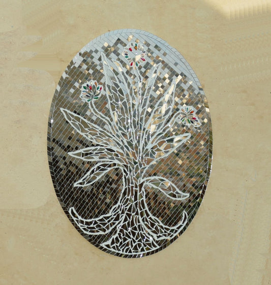 Mirror flower picture, oval wall decor, handcrafted mosaic design U024, crystal flower, flower picture, leaf picture