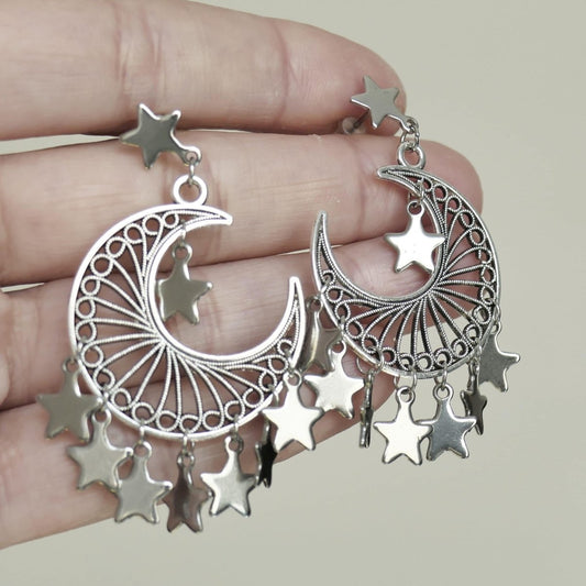 Moon star earrings H060, hand made, hypoallergenic, stainless steel