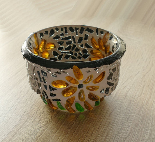 Mosaic flower tealight candle older, handmade glass design U068, candle light, colorful, garden light