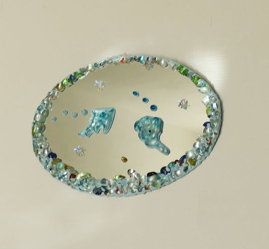 Oval glass mirror wall art, fused glass fish design U042, aquarium picture, blue fish, decoration for pool