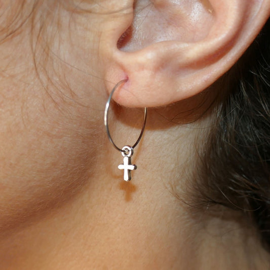 Small cross hoop earrings G286, cross charm hoop, cross earrings, dangle earrings
