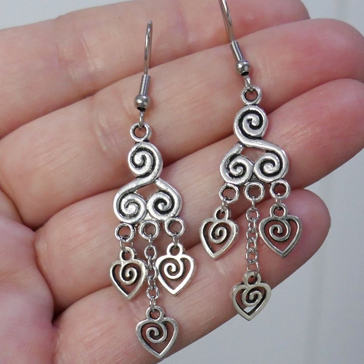 Spiral heart long earrings G027, handmade earrings, heart earrings, hypoallergenic stud