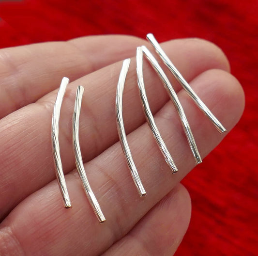 10x Silver Curved Carved Tube Beads, 30mm Wave Spacer Bars J039