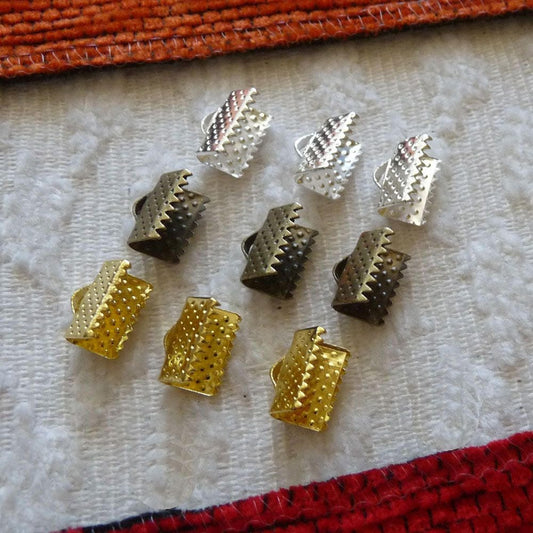 10/30x Gold/Silver/Bronze 10mm Flat Cord Crimp End Ribbon Caps, Metal Clamps