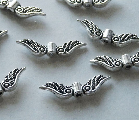 10x Angel Wing Bead Charms, 23mm Antique Silver tone Spacer Beads, Metal Beads B232