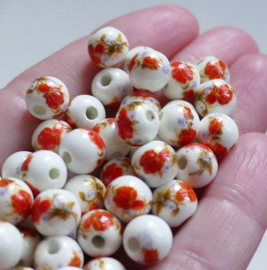 10x Porcelain 8mm Red and White Ceramic Round Beads, Orange Flower Spacer Beads, Beading Supplies F075