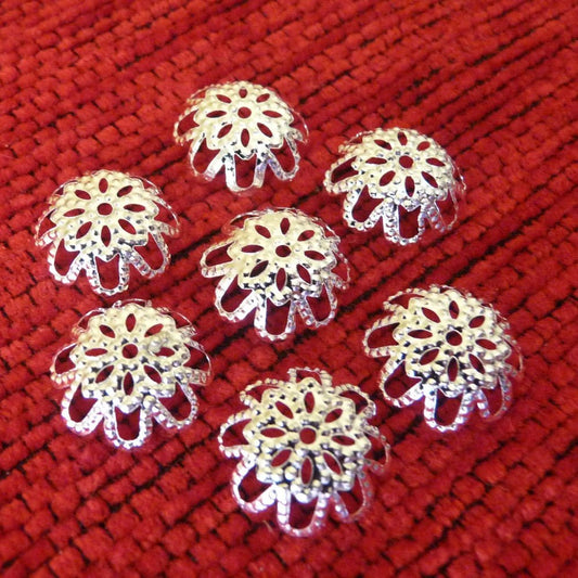 20/50x Filigree Flower Bead Caps, 10mm Silver Plated Hollow Flower End Spacer, Metal Bead Caps, Beading Findings C523