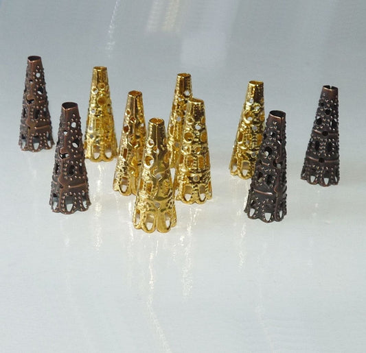 20x Gold tone Cone Beads, Filigree Hollow Bead End Spacer, 22mm Metal Tassel Caps, Beading Supplies C556