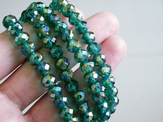 24x Peacock Green Crystal Beads, 6x8mm Green AB Rondelle Translucent Glass Beads, Beading Supplies B047