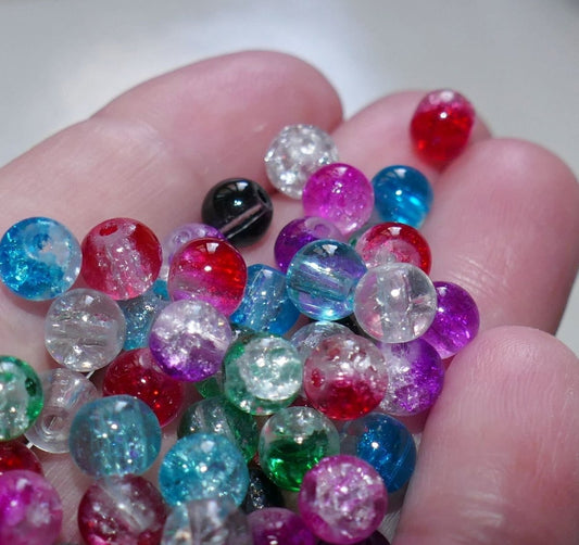 25x Mixed Crackle 6mm Glass Beads, Multicolor Cracked Marbles, Beading Supplies G318
