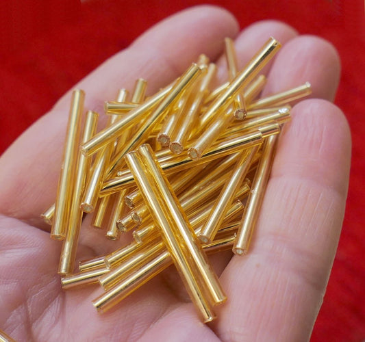 30x Long Gold Silver Lined Tube Glass Bugle Beads 30mm Spacer Beads G021