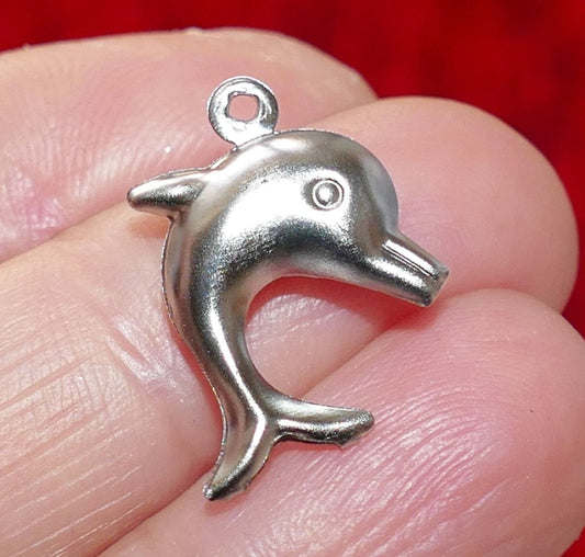 4x Dolphin Charms, Hypoallergenic 2 Sided Puffy Stainless Steel Charms for Bracelet/Necklace Pendant D191