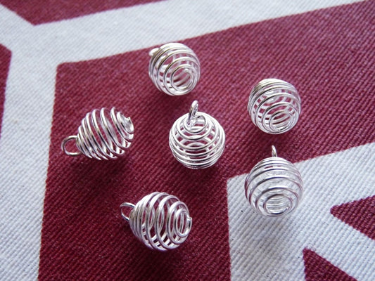 50x Bulk Pearl Bead Cage Pendants, 9x12mm Silver Plated Wire Spiral Bead Cage, Wire Bead Holders, Earring Connector, Tiny Bead Cage
