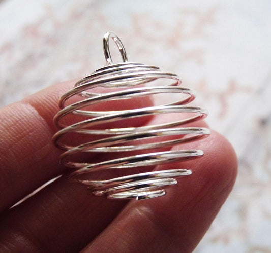5x Bead Cage, 25x30mm Cage Pendants, Large Bead Cage, Silver Plated Spring Wire Bead Cage, Spiral Bead Cage, Wire Pendant Holders
