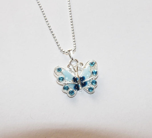 Blue Butterfly Pendant Necklace, 925 Silver Plated Ball Chain Necklace 15 inch/16 inch/18 inch C387