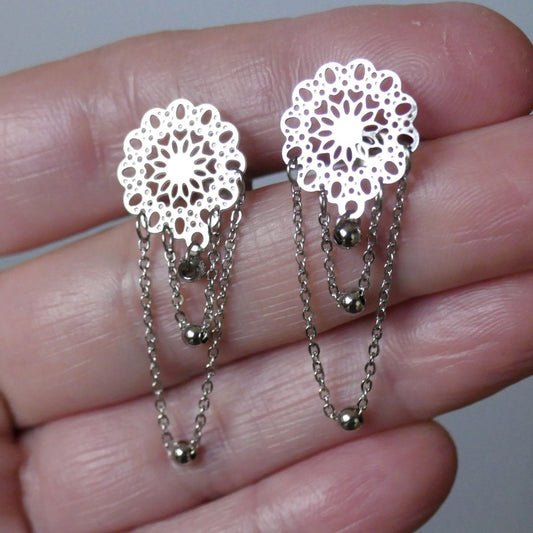 Chain tassel dangle earrings, stainless steel flower stud earrings G022, beads, cable link chain, dangle earrings