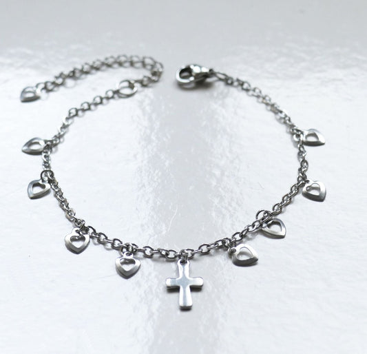 Cross - Heart Charm Bracelet, Stainless Steel Chain Bracelet + 2" Extension Chain G24