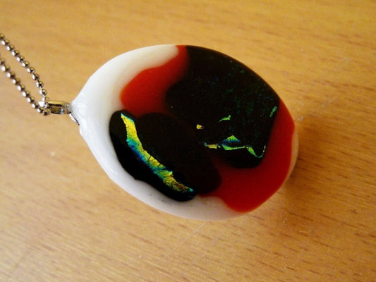 Glass Pendant Necklace, Black, White and Red Dichroic Handmade Fused Glass Pendant H068