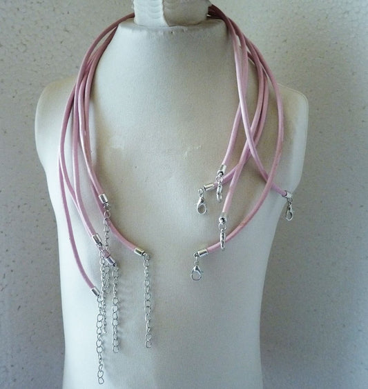 Pink Leather Necklace, 3mm Round Black Real Leather Cord 16" Necklace, Adjustable Finished Round Cord Necklace w/Claw Clasp+Extension Chain