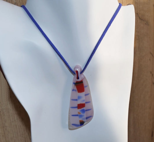 Pink Triangle Pendant Necklace, Fused Glass Pendant Blue Faux Suede Cord Necklace U109