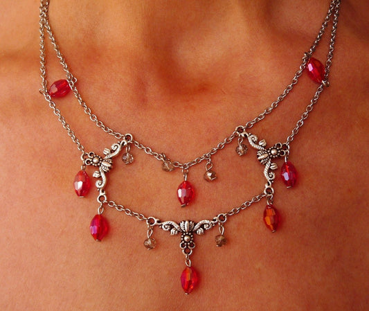 Red Crystal 2 Strand Stainless Steel Necklace, Hypoallergenic Chain 17"/18"/20" Red AB Crystal Necklace U118