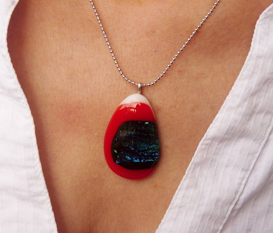 Red Glass Pendant Necklace, Dichroic Handmade Fused Glass Pendant 17" Ball Chain Necklace U110