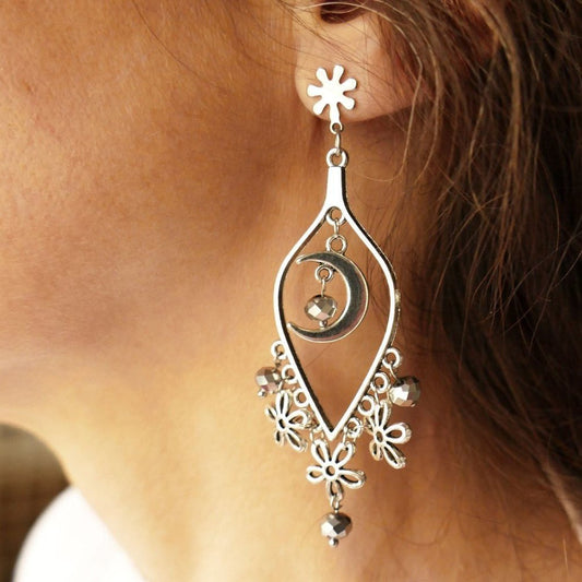 Long Moon Earrings, Stainless Steel Flower Stud Earrings with Padded Backs G223