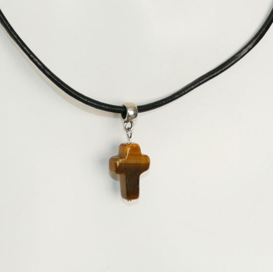 Tiger Eye Cross Leather Necklace, 2mm Wide Genuine Leather Cord Adjustable Length Necklace with Lobster Clasp H102