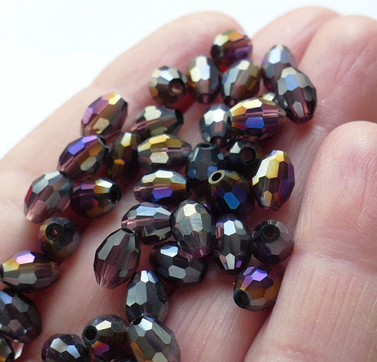 12 Dark Purple AB Crystal Beads, Rainbow Color Glass 6x8mm Oval Beads J068